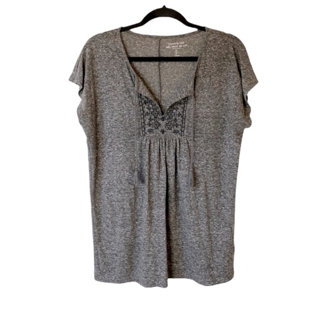 GAP Grey Black Embroidery Linen Blend Soft Casual Short Sleeve Top